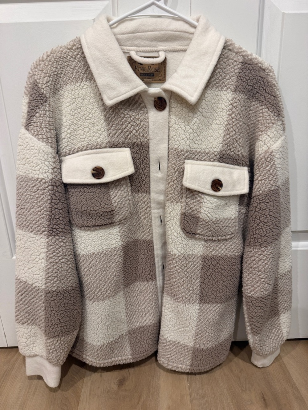Pink Rose Plaid Sherpa Shacket in Cream and Taupe